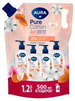 АУРА Pure Cotton 1200 мл Жидкое мыло д/рук Миндаль и Хлопковое молочко дой-пак