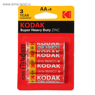 Kodak Super Heavy Duty ZINC AA A карта 4 батареек R6 BL4 1шт фото в интернет-магазине KUTAVA